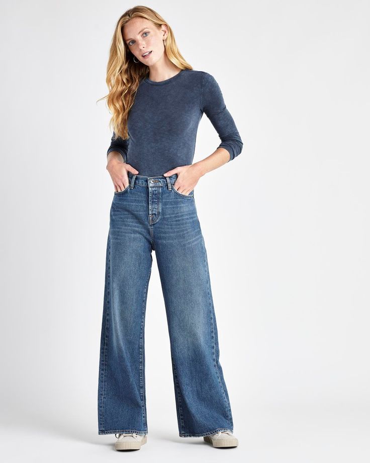 Keep it cool in our Palazzo Jean. These relaxed, wide leg jeans feel like classic denim and can be styled with a tee and slides, or sweaters and boots. We love the vintage-inspired fading for added style. 1% Elastane, 99% Cotton Iconic 5-pocket design Medium wash Wide leg Fading details Chic Wide-leg Flare Jeans For Winter, Chic Wide Leg Flare Jeans For Winter, Trendy Faded Flare Jeans For Fall, Fall Denim Blue Washed Flare Jeans, Washed Denim Blue Flare Jeans For Fall, Faded Washed Flare Jeans For Fall, Winter Wide Leg Flare Jeans, Winter Wide-leg Flare Jeans, Medium Wash Flare Jeans For Everyday Fall Wear