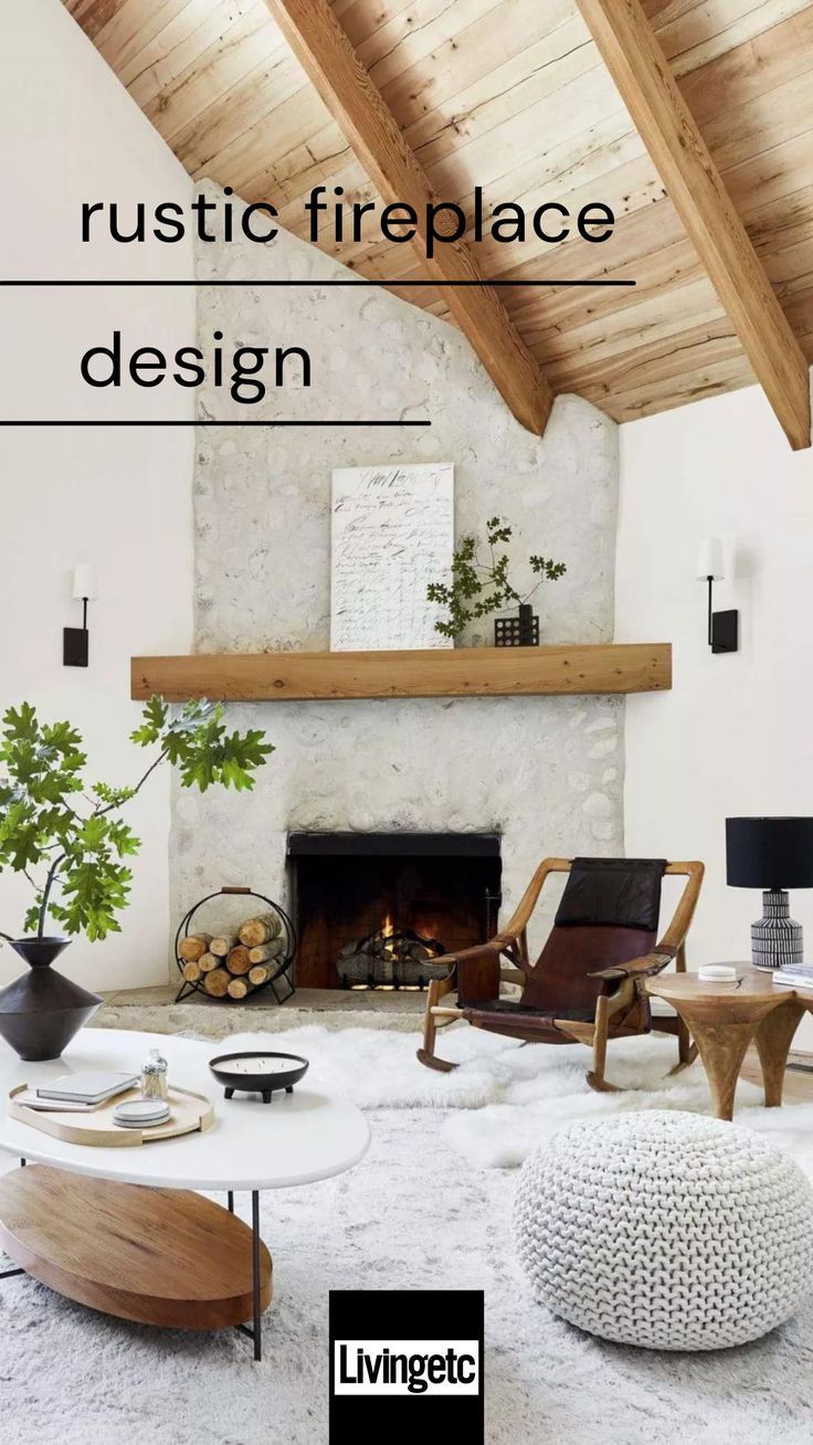 a living room with white furniture and wood beams on the ceiling, along with text overlay that reads get the look