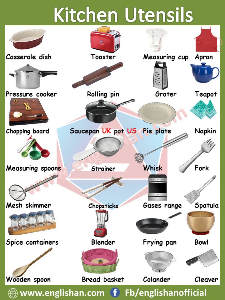 the kitchen utensils are labeled in english and german words, with pictures of cooking utensils