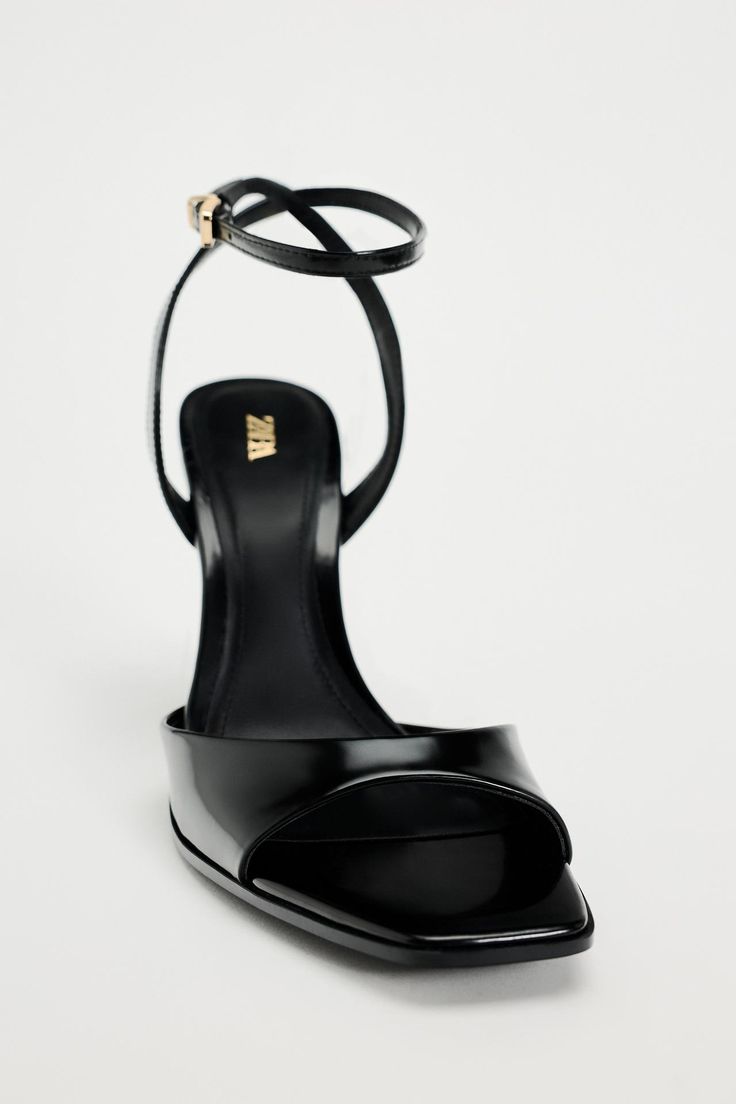 PATENT EFFECT HEELED SANDALS - Black | ZARA United States Zara Elegant Patent Leather Heels, Zara Black Sandals With Heel Strap, Zara Black Open Toe Heels, Zara Open Toe Heels With 4-inch Heel, Zara Black Sandals With 4-inch Heel, Hak Tinggi, Black Strappy Heels, Leather High Heels, Black Sandals Heels