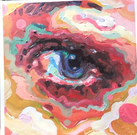 an eye is shown in this colorful painting