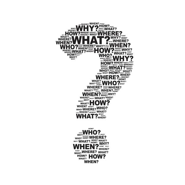 a question mark made up of words in black and white with the word what? written below it