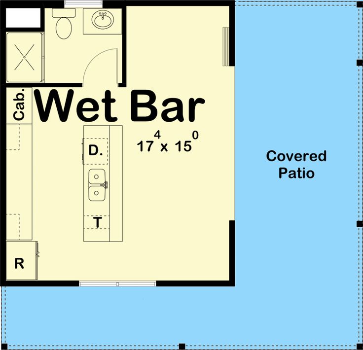 the floor plan for a wet bar with an attached kitchen and living room, as well as a covered patio