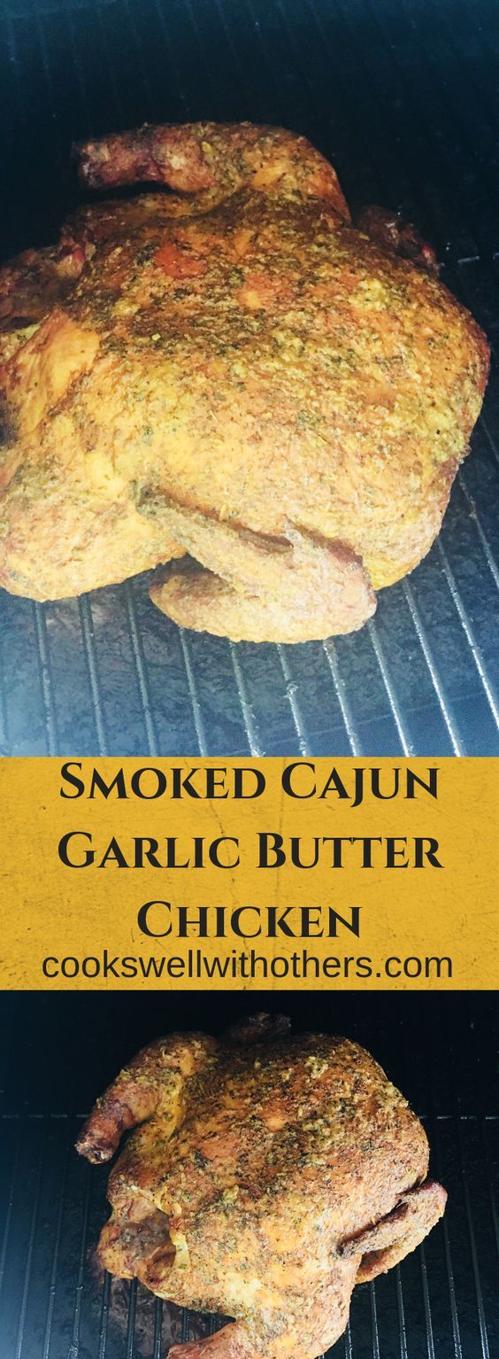 two chicken patties cooking in an oven with the words smoked cajun garlic butter chicken