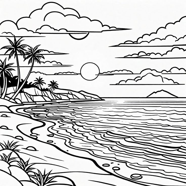 a black and white drawing of the ocean with palm trees