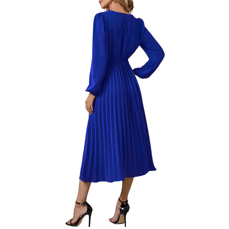 Blue V Neck Pleated Long Sleeve Dress with Belt Blue Solid Color Evening Midi Dress, Blue Long Sleeve Midi Dress With Pleated Sleeves, Royal Blue Long Sleeve Midi Dress For Formal Occasions, Royal Blue Long Sleeve Midi Dress For Formal Events, Royal Blue Long Sleeve Formal Midi Dress, Elegant Royal Blue Midi Dress For Spring, Chic Royal Blue Long Sleeve Midi Dress, Blue Long Sleeve Midi Dress For Office, Blue Dresses With Pleated Sleeves