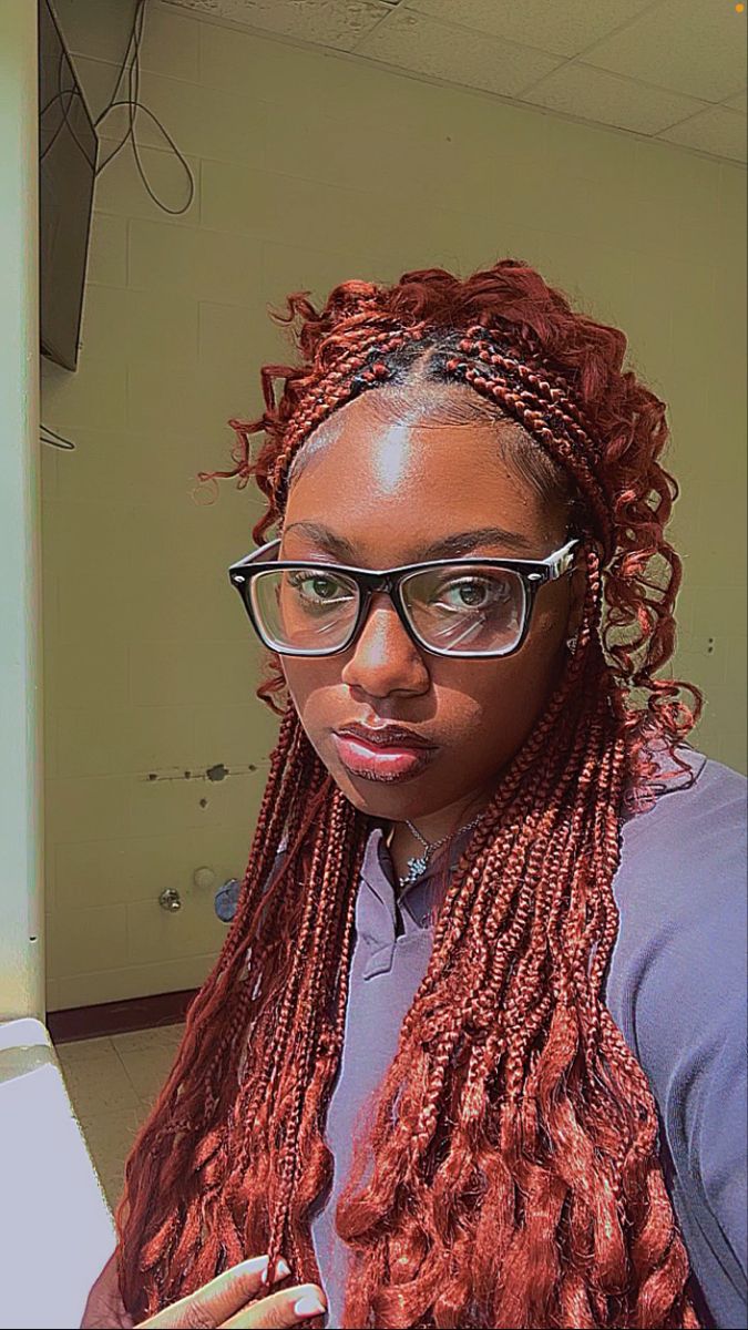 Red Curly Braids, Box Braids Curly Hair, Easy Braids Hairstyles, Nina Core, Box Braids Curly, Edc Hair, Braids Curly Hair, Bohemian Box Braids, Braids Ginger