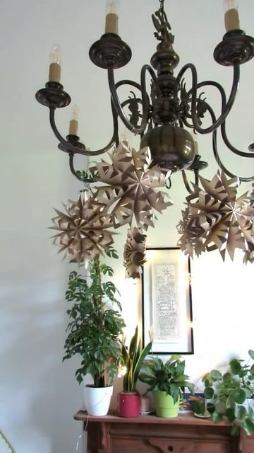 a chandelier hanging from the ceiling with potted plants in front of it