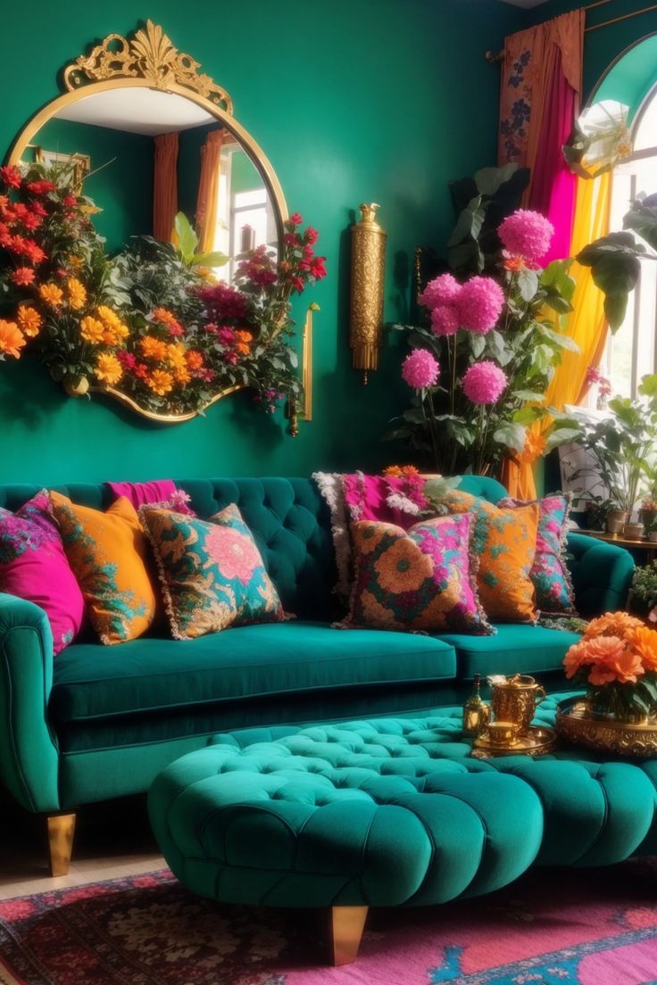 Enter a jewel-toned reverie in this exquisite Bohemian living room, where emerald greens romance with ruby reds and royal blues. The plush, velvety seating, adorned with vibrant cushions, calls for languid conversations. Above, the Boho wall decor - a regal mirror encircled by blossoming flowers, with ornate golden sconces as guardians - evokes a sense of royalty and magic. The harmonious blend of luxurious fabrics, opulent gold accents, and lush botanicals sings an ode to the senses. 60s 70s Decor, Boho Glam Room, Contemporary Eclectic Decor, Jewel Tones Interior Design, Ladies Lounge, Bohemian Living Room Decor, Lion's Den, Colorful Eclectic, 70s Interior