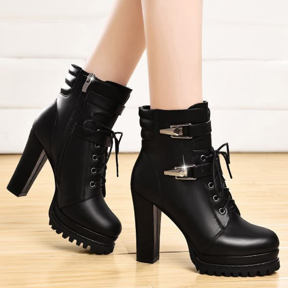 Buckle Design Black Leather Side Zip Ankle Boots on Storenvy Hak Tinggi, Boots Fall Ankle, Rough Heels, Heels Platform, Womens Chunky Heels, Super High Heels, Black Shoes Women, High Heel Boots Ankle, Black Booties