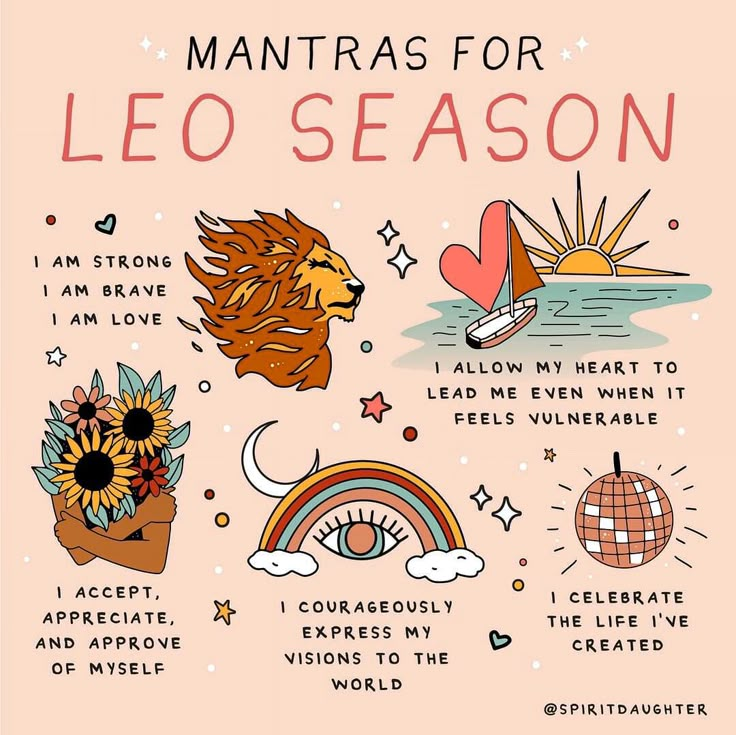 an illustrated poster with the words leo season and images of animals, sunflowers, clouds, hearts, stars