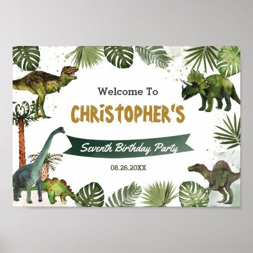 a birthday banner with dinosaurs and palm leaves