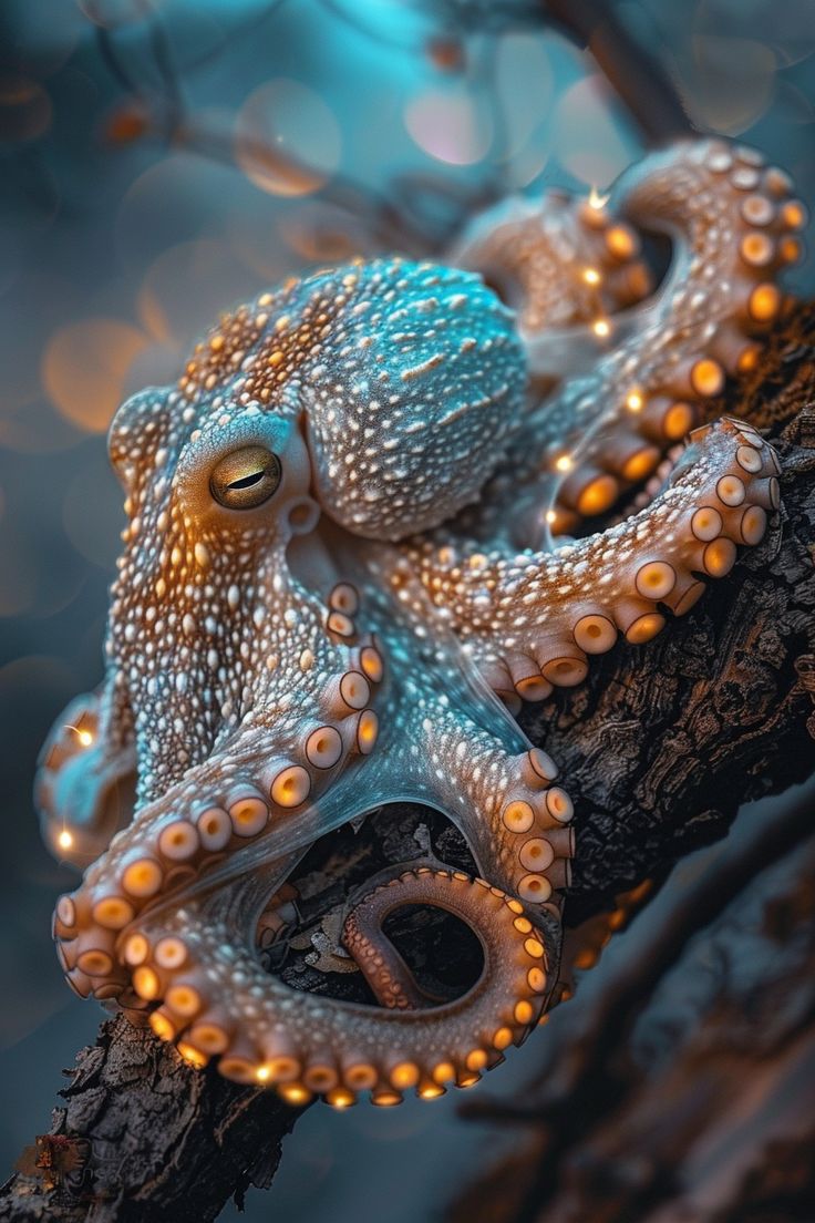 an octopus sitting on top of a tree branch with lights around it's eyes