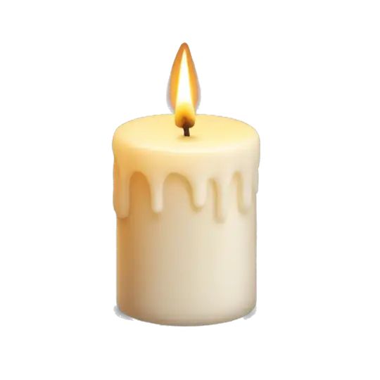 a lit candle that is white with brown drips on the top and yellow flame