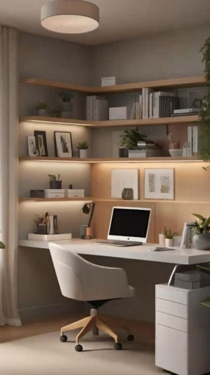 a white desk with a laptop computer on top of it in front of a window