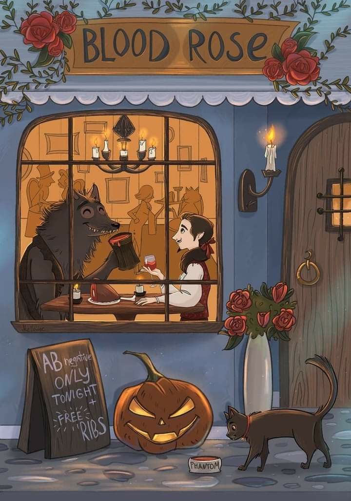 an image of a halloween scene with cats and dogs in front of a store window