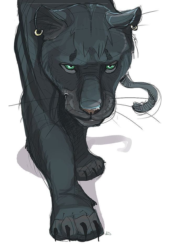 a drawing of a black panther with green eyes and claws on it's head