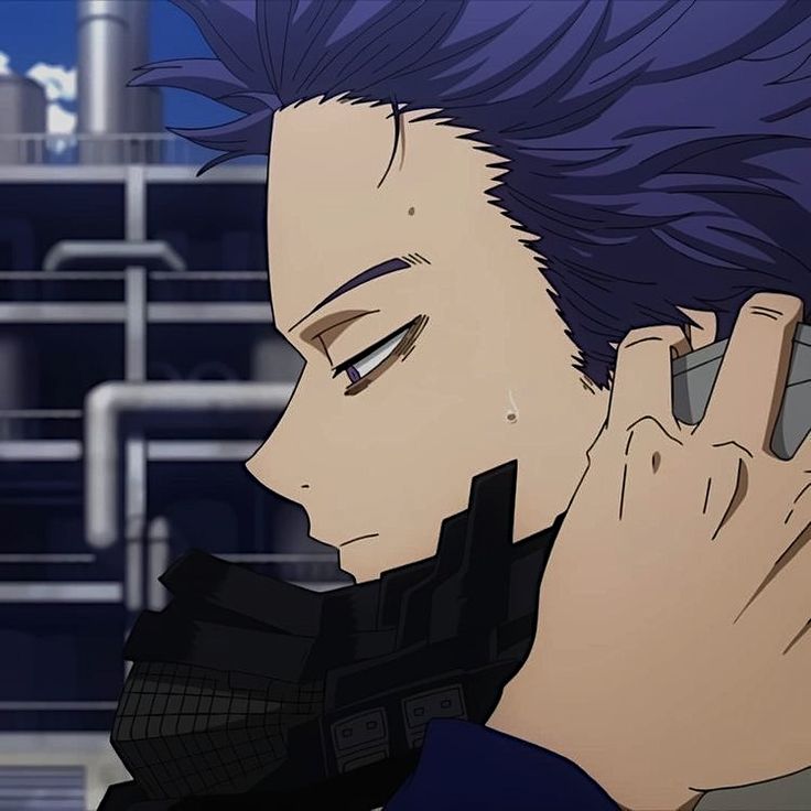 an anime character with blue hair talking on a cell phone and holding his hand up to his ear