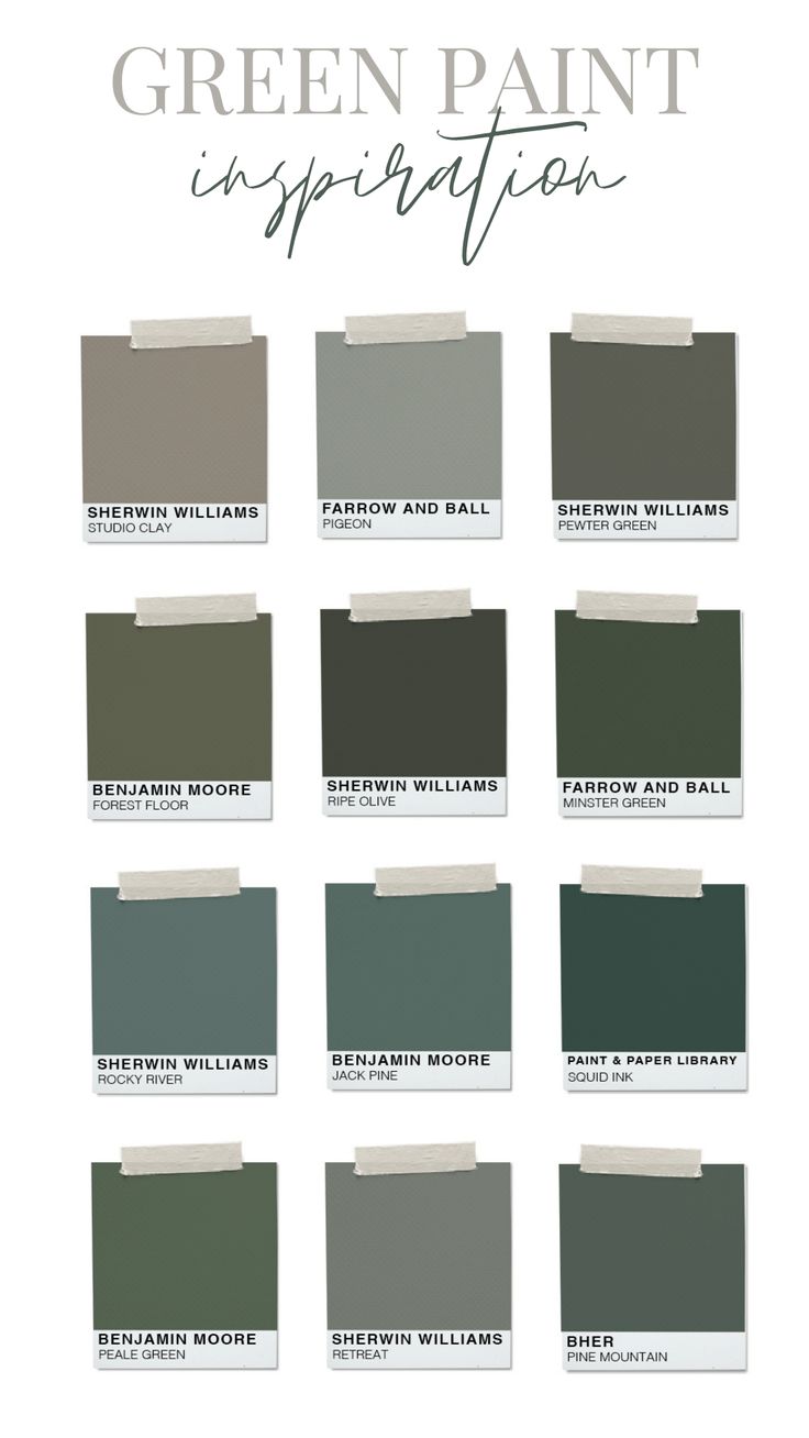 the green paint color chart for interior walls and ceilings with different shades, including gray