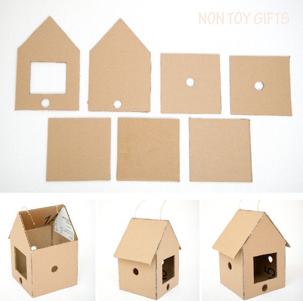 several pictures of cardboard houses with holes cut out to make them look like they are made from cardboard