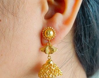 22k Gold Balinese Earrings - Etsy Philippines Elegant 22k Gold Earrings With Latkans, Handmade 22k Gold Ceremonial Earrings, Handmade 22k Gold Earrings For Ceremonial Occasions, Gold Fusion Jhumkas For Formal Occasions, Gold Fusion Style Jhumkas For Formal Occasions, Gold Fusion Style Jhumkas For Formal Events, Elegant 22k Gold Bridal Earrings With Latkans, Traditional 22k Gold Pierced Jewelry, Traditional 22k Gold Jewelry