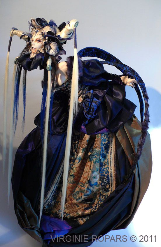 a woman with long white hair and blue eyes is dressed in an elaborate dress, holding two swords