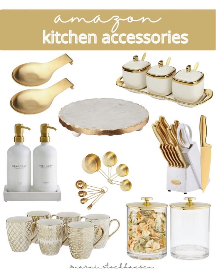 Kitchen accessories from amazon Gold Kitchen Utensils, White Kitchen Accessories, Amazon Kitchen Decor, Gold Kitchen Accessories, Kitchen Decor Collections, Glam Kitchen, White Kitchen Decor, Coffee Bar Home, Kitchen Counter Decor