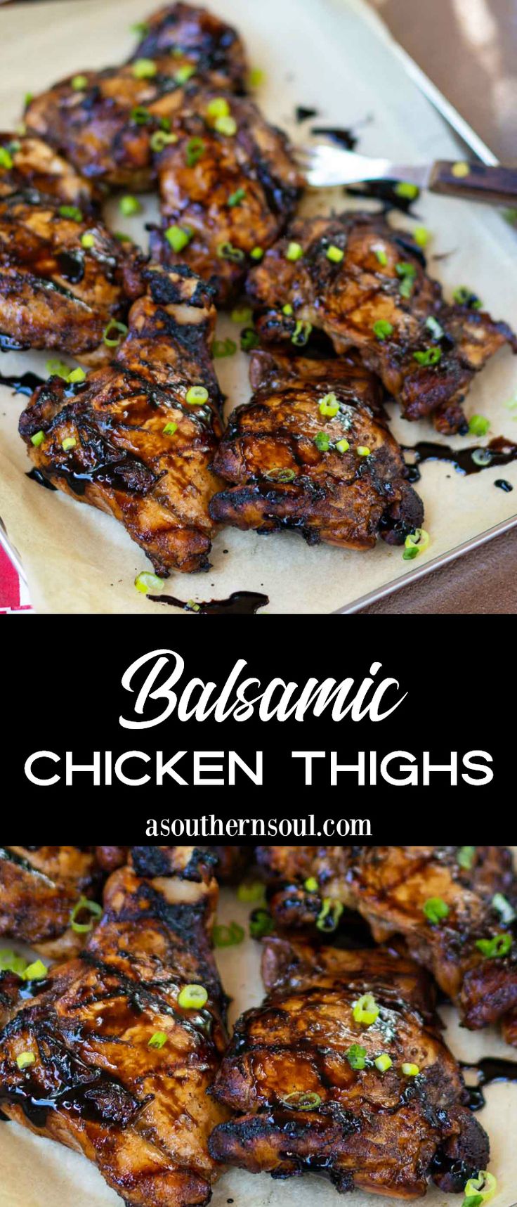 barbecue chicken thighs on a white plate with green garnish and text overlay