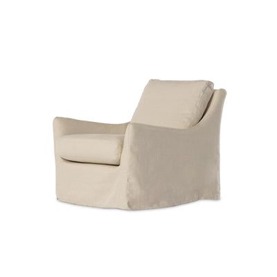 a white chair with a beige cover on it's arm and back, sitting in front of a white background