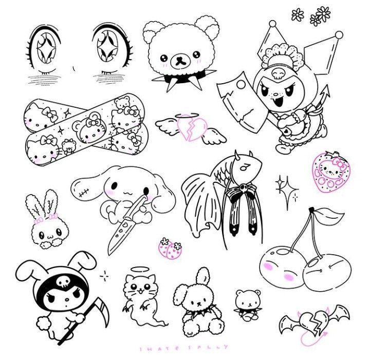 Kawaii aesthetic Sanrio cinnamoroll cute tattoo designs anime dark cute core line art hello kitty my melody kourmi Kawaii Flash Tattoo, Spooky Tattoo Flash, Cinnamoroll Tattoo, Tattoos Spooky, Kitty Tattoos, Tattoos Cute, Hello Kitty Tattoos, Sharpie Tattoos, Kawaii Tattoo