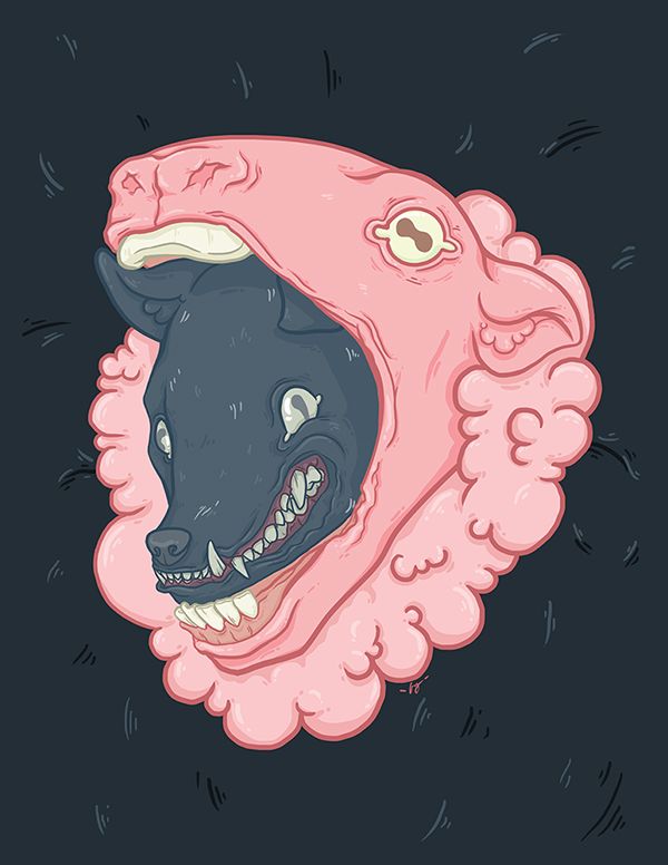 an animal with its mouth open sitting on top of a pink cloud shaped object in the shape of a human head