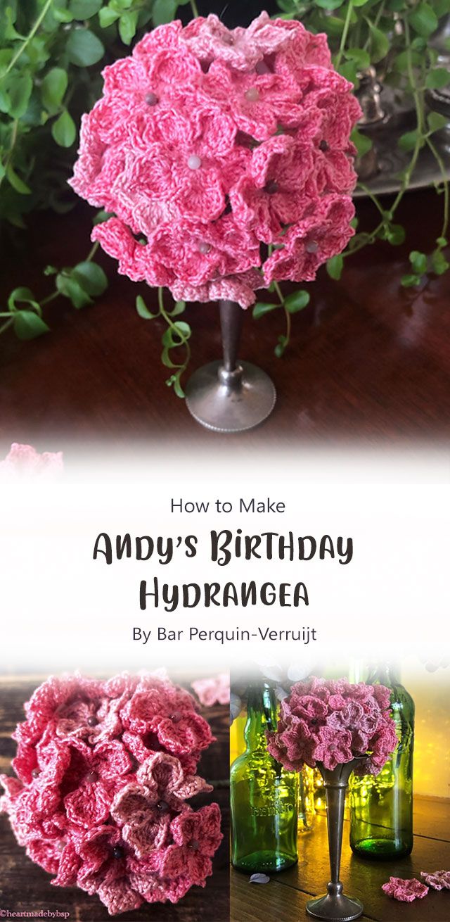 pink crocheted flowers in vases on table with text how to make andy's birthday hydrangea