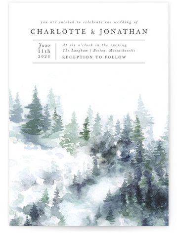 a wedding card with watercolor trees on the front and bottom, in grey tones