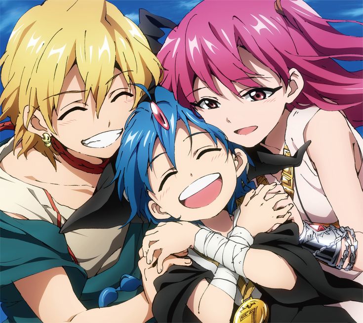 three anime characters are hugging each other