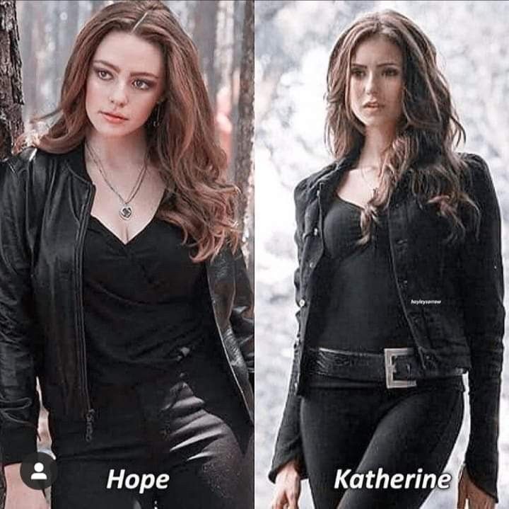 two pictures of the same woman in black clothes, one with long hair and one without