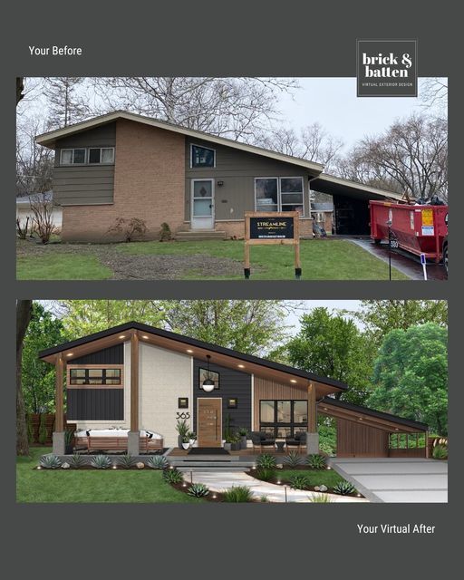 the before and after pictures of a small house with porches, windows, and sidings