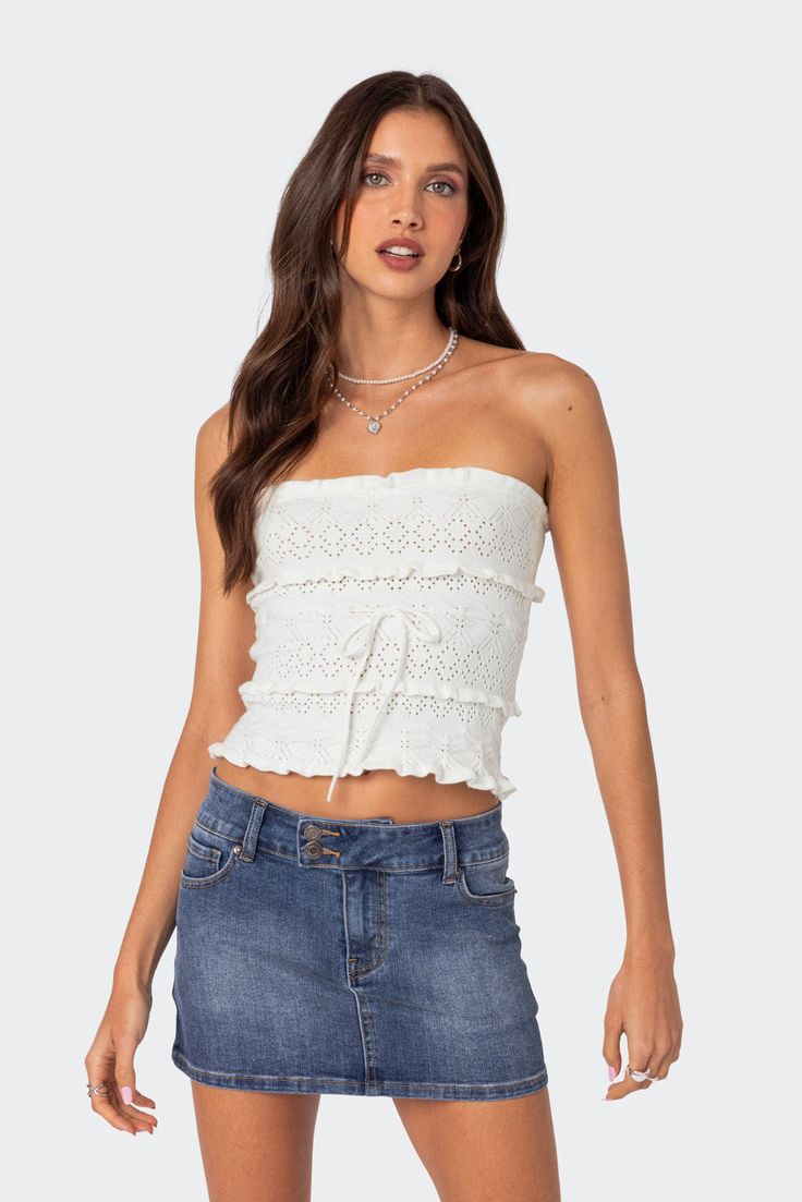 This Edikted knit tank top gives the perfect twist on a closet staple. With its delicate ruffle detailing and fitted silhouette, it's a versatile piece that adds a touch of femininity to any outfit.TopStrapless fitRuffle detailingDrawstring tieKnitted fabricAcrilanModel wears size SModel height is 5'7Item care: Hand wash Edikted Womens Cecily Strapless Knit Top - Ivory size Small Fitted Crochet Top With Ruffles For Spring, Summer Pointelle Knit Crop Top, White Ruffled Knit Top For Spring, Fitted Casual Crochet Top With Ruffles, Casual Fitted Crochet Top With Ruffles, Cropped Pointelle Knit Tops For Spring, Spring Day Out Crochet Top With Ruffles, Fitted Sleeveless Knit Top With Ruffles, Spring Crochet Top With Ruffles For Day Out