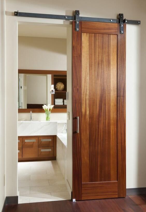 an open wooden door in a bathroom