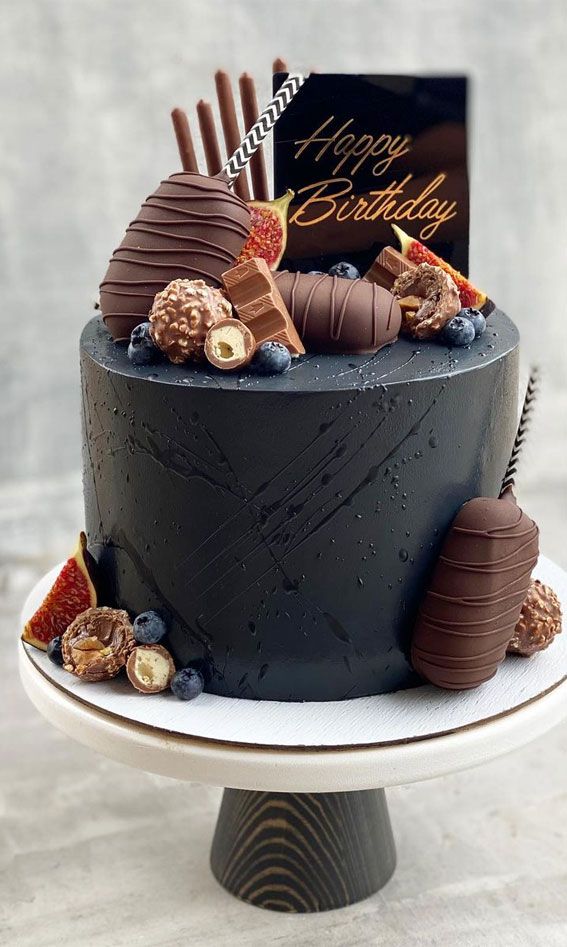 a birthday cake with chocolate decorations on top