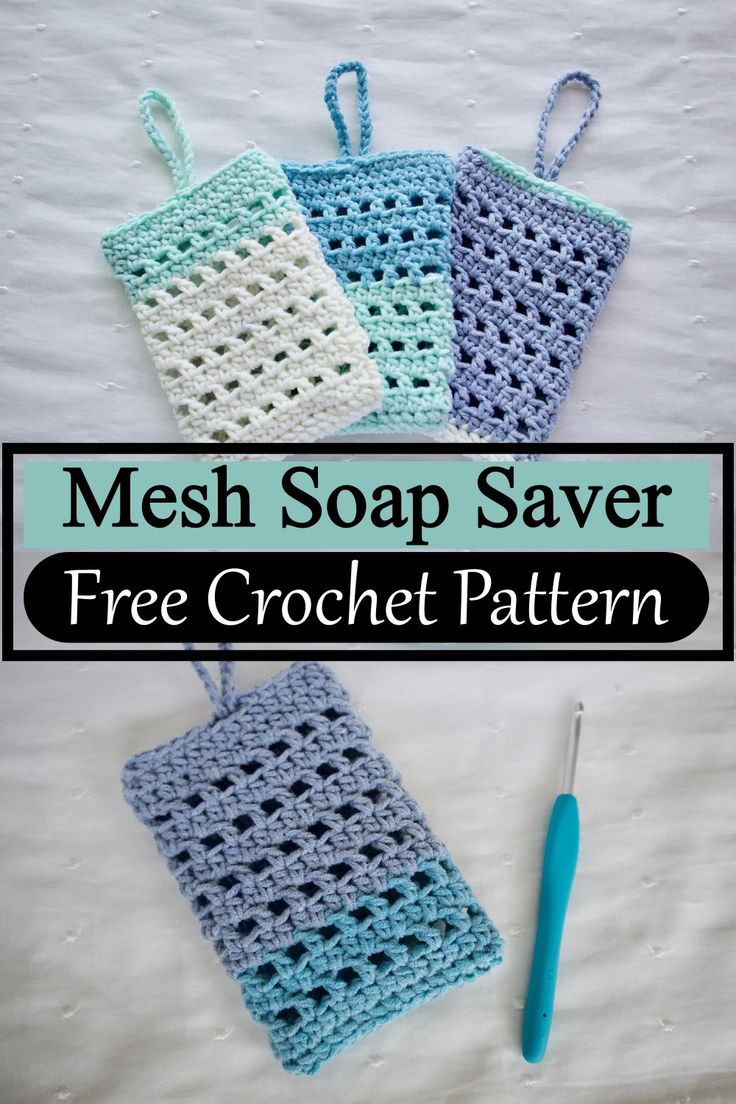 three crocheted dishcloths with the text mesh soap saver free crochet pattern