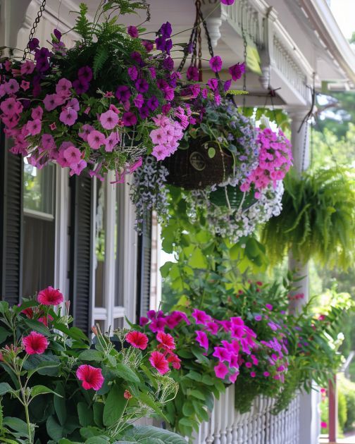 flowers hanging from the side of a house