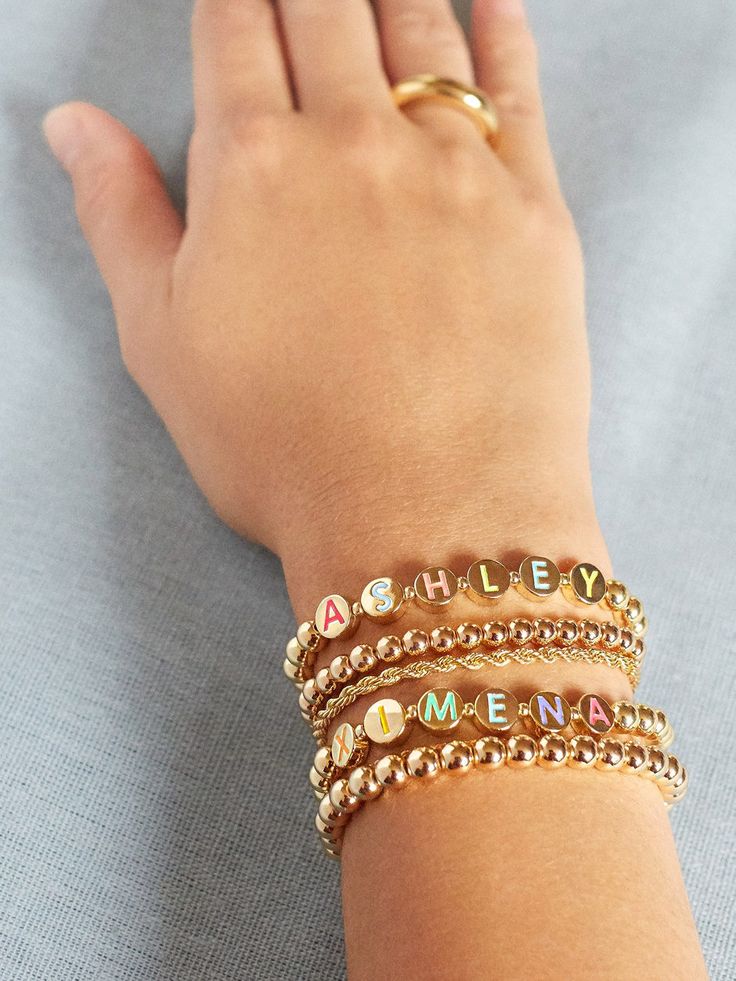 Custom bracelet, friendship bracelet, bracelet stack, gold jewelry, rainbow jewelry. Bracelet Stack Gold, Small Bead Bracelet, Wrist Stacks, Custom Bracelet, Bracelet Friendship, Rainbow Jewelry, Gold Disc, Pooh Bear, Cute Bracelets