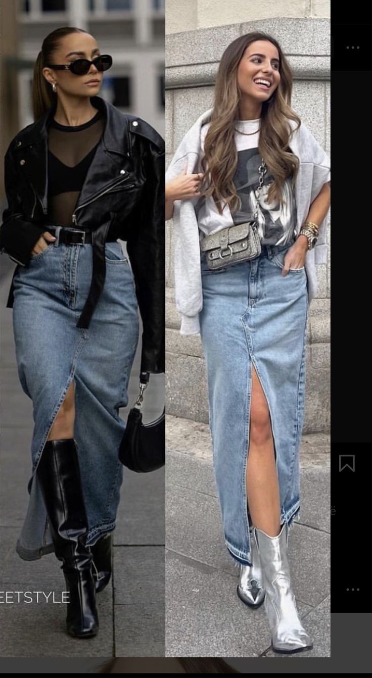 European Fashion Spring Street Style, Organizing Jeans In Closet Ideas Shelves, Fall 2023 Style Trends, Denim Maxi Skirt Outfit Fall 2023, Trendy Fall Outfits 2023 Street Style, Mid Jean Skirt Outfits, Wide Leg Overalls Outfit, Long Black Denim Skirt Outfit, Medium Body Type Outfits