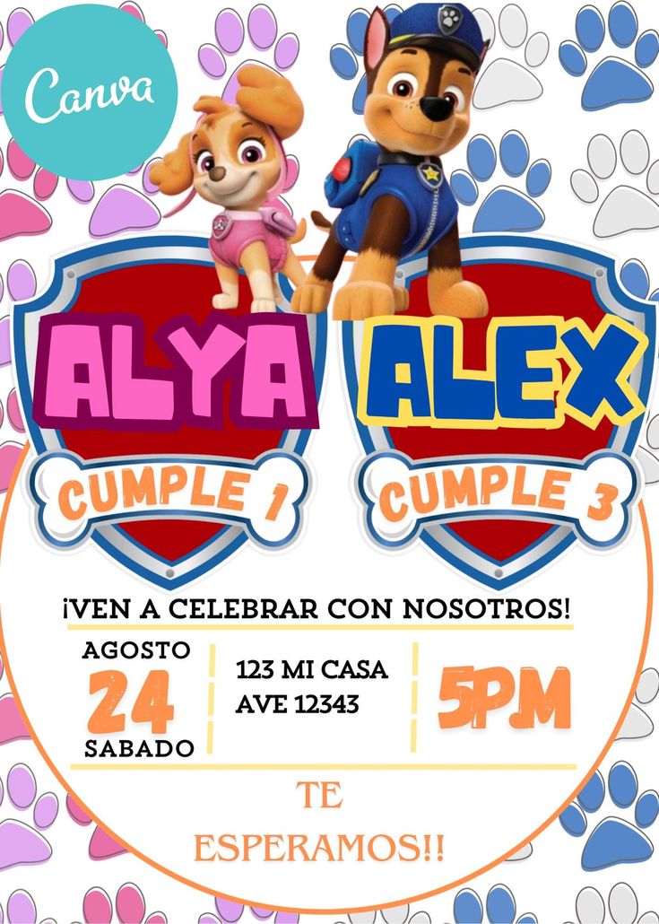 an animal themed birthday party with paw patrol and the words alya alex cumple