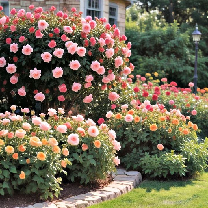 many pink and yellow flowers in a garden