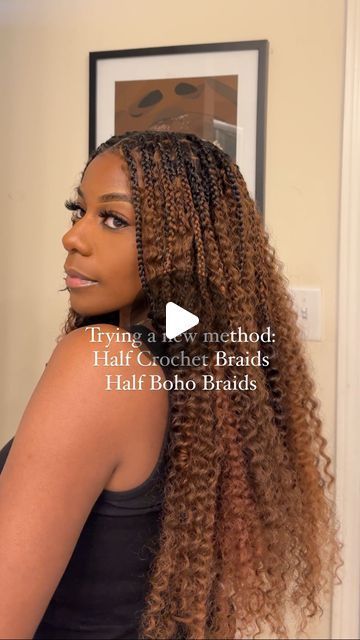 Claire Adekanye | Natural Hair on Instagram: "Trying this new method…
Did I do something different?! If you try this out tag me so I can see the results. 

Hair used is linked in my Amazon storefront 🫶🏾

Now I’m not a braider so don’t judge too hard lol but hear me out this method could actually be a hit this summer. Why? 🫶🏾less braiding, less time doing your hair. I crochet the back of my hair and then did boho knotless braids in the front. My final step was using perm rods and dipped my braiding hair. 

Pros:
-Less time braiding.
-If you aren’t a pro braider like me you can get away with braids not being as neat (the deep wave curls will camouflage your imperfections lol) 😂 

My takeaway: I would suggest you DON’T start your braids half way but a lil past the halfway point of your h Crochet Hairstyles For Black Women Long, Half Knotless Half Sew In, Half Up Half Down Crochet Braids, Crochet Braid Tutorial, Half Boho Braids Half Sew In, Adding Curls To Braids, Half Box Braids Half Sew In Weave, Deep Wave Boho Braids, Braids In Front Crochet In Back