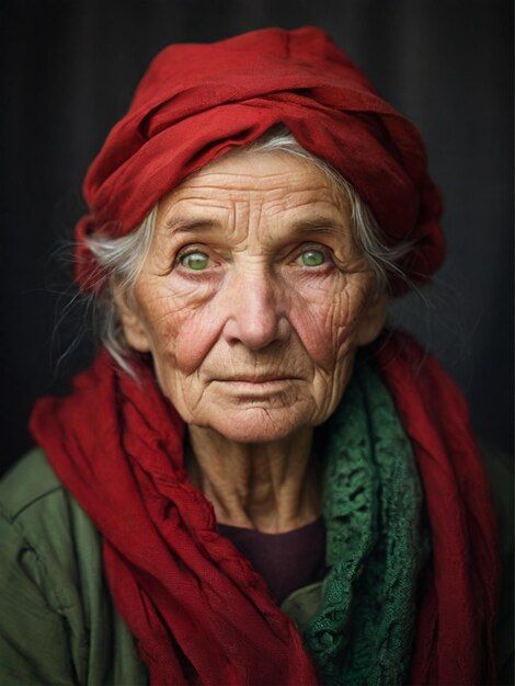 an old woman with green eyes wearing a red headdress and looking at the camera