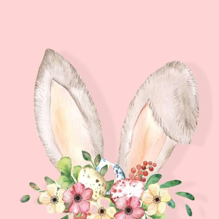 a watercolor painting of two bunny ears with flowers on the bottom and pink background