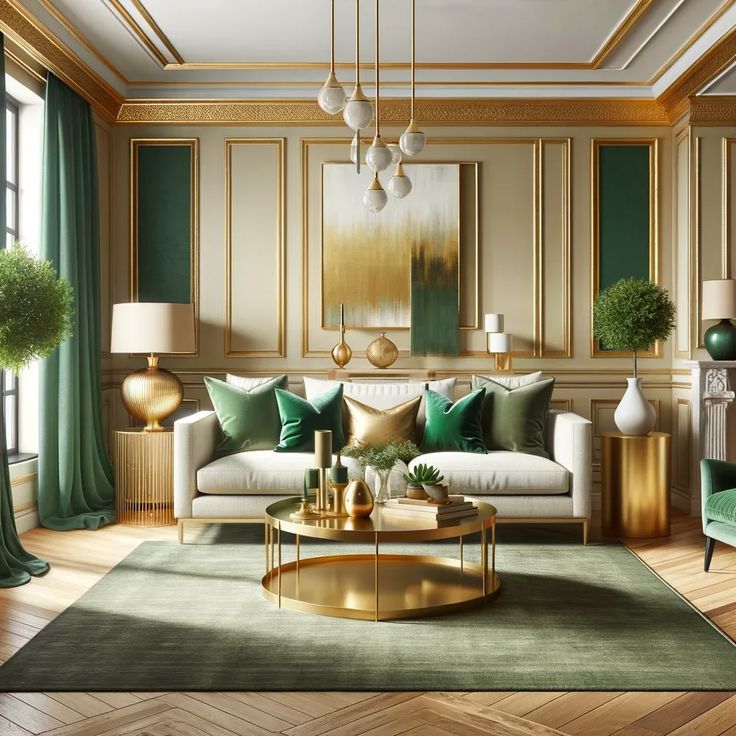 an elegant living room with green and gold accents