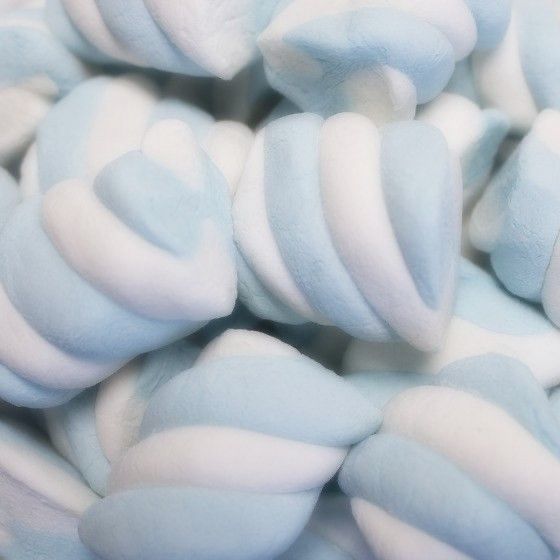 a pile of blue and white stuffed animals